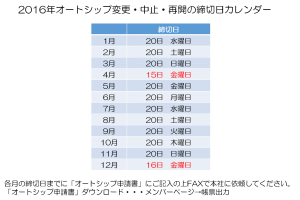 2016オートシップ締切日カレンダー